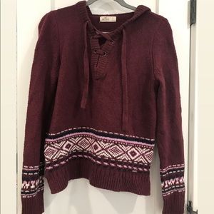 Hollister burgundy hooded lace up knitted sweater